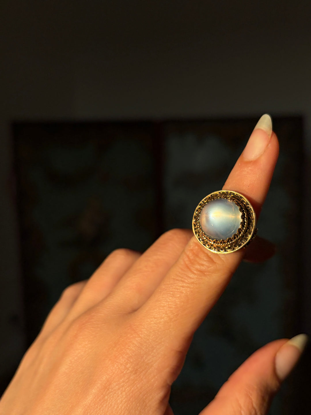 The Pyramid Sugarloaf Moonstone Ring with Orientalist Details