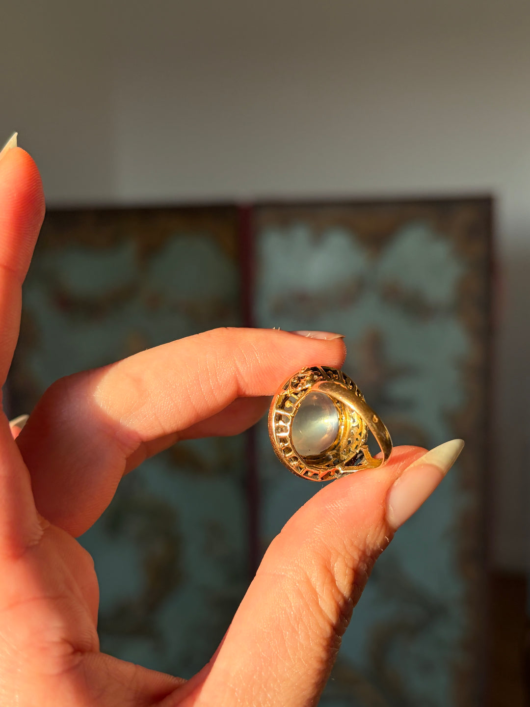 The Pyramid Sugarloaf Moonstone Ring with Orientalist Details