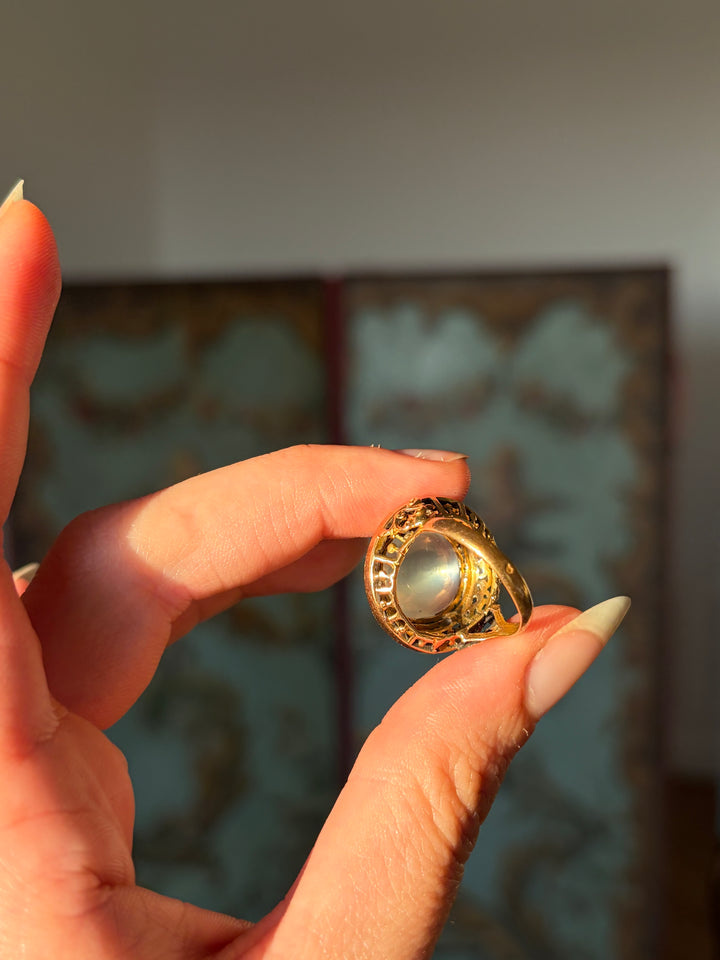 The Pyramid Sugarloaf Moonstone Ring with Orientalist Details
