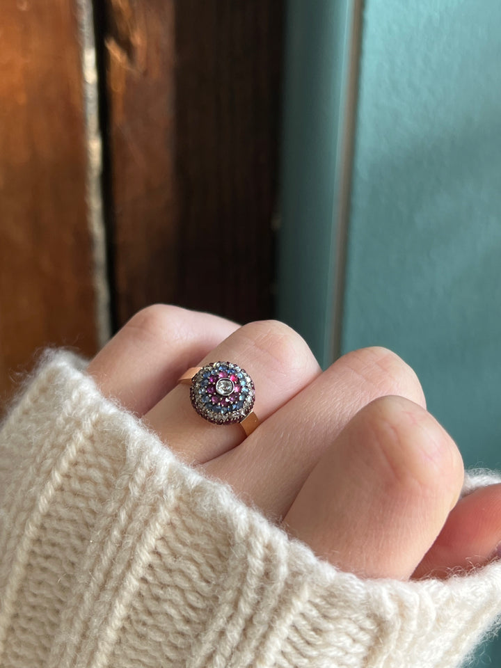 SUPERB Napoleon III 18ct Ruby Sapphire and Diamond Bombe Ring