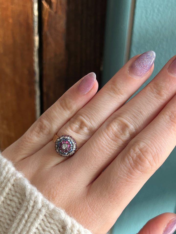 SUPERB Napoleon III 18ct Ruby Sapphire and Diamond Bombe Ring