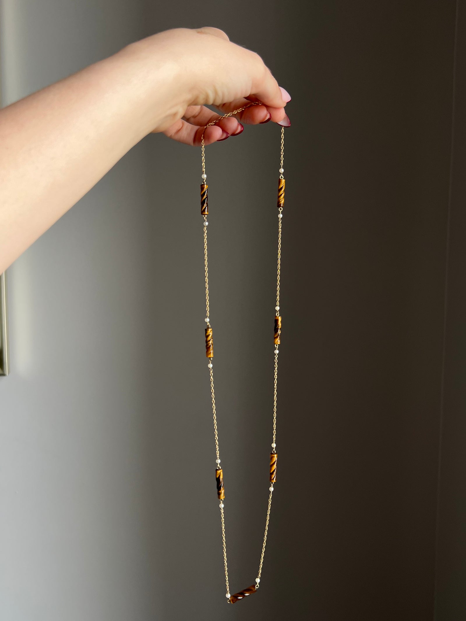 14ct gold spacer chain with pearls and tiger’s eye gemstones in an antique design