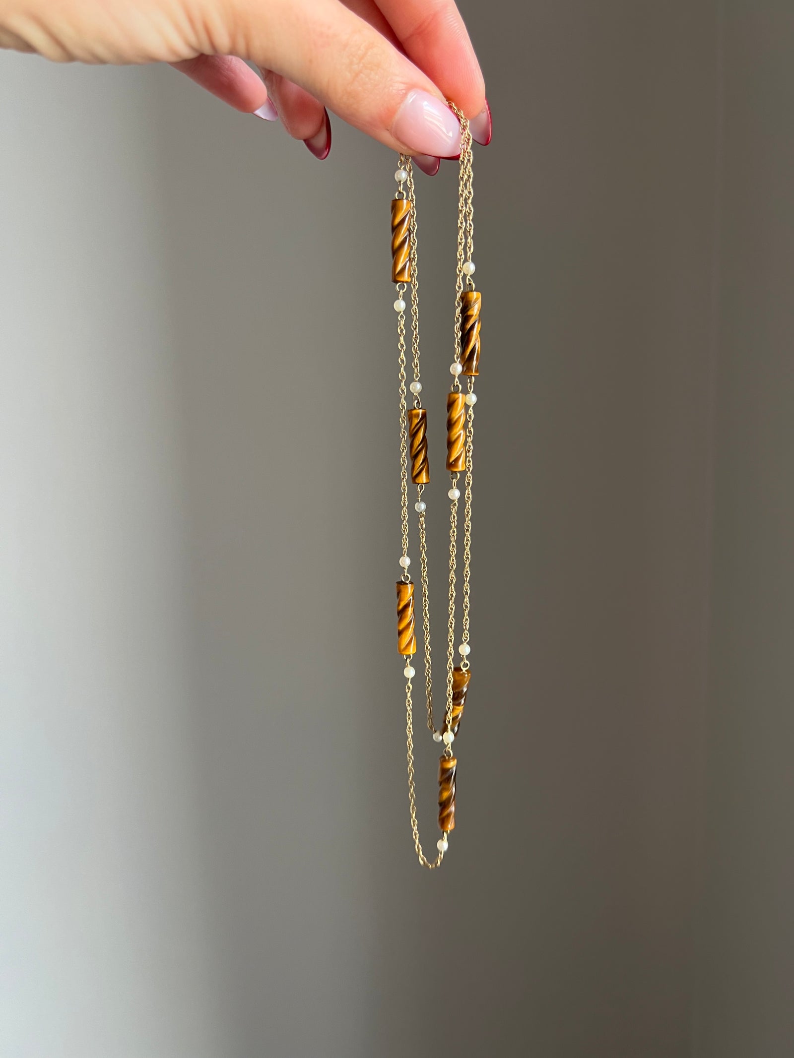 14ct gold spacer chain with pearls and tiger’s eye gemstones in an antique design