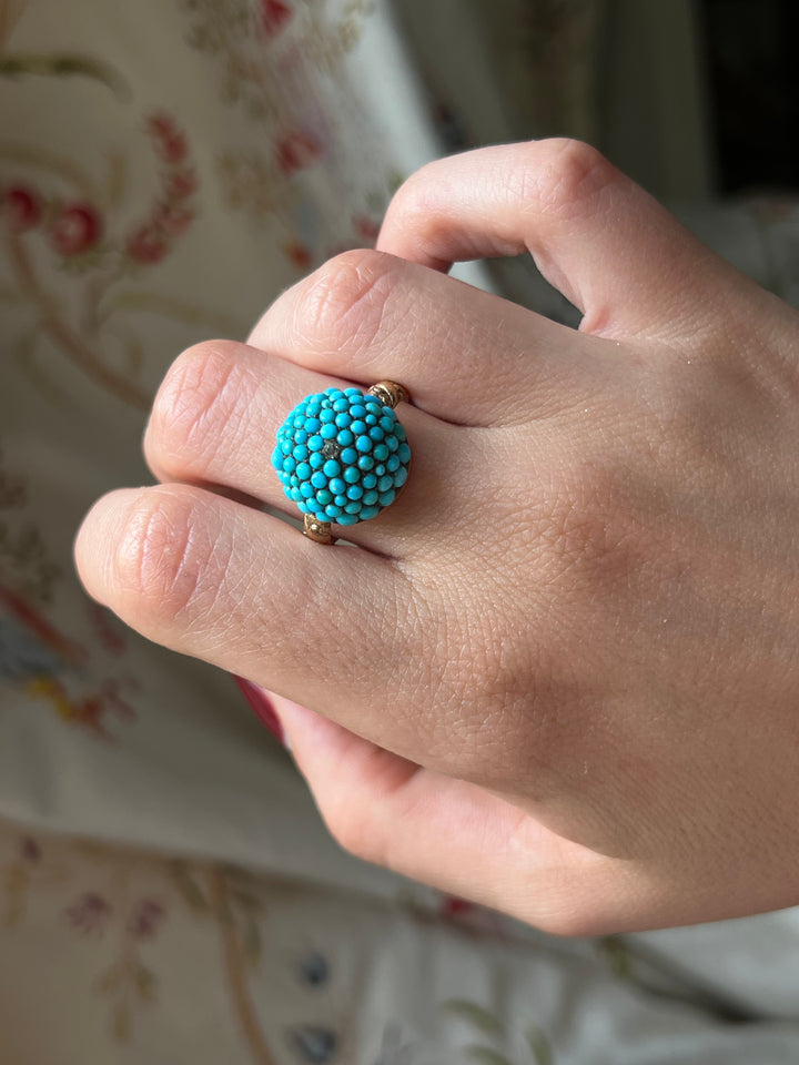 Remarkable Victorian Turquoise Bomb Ring with Diamond
