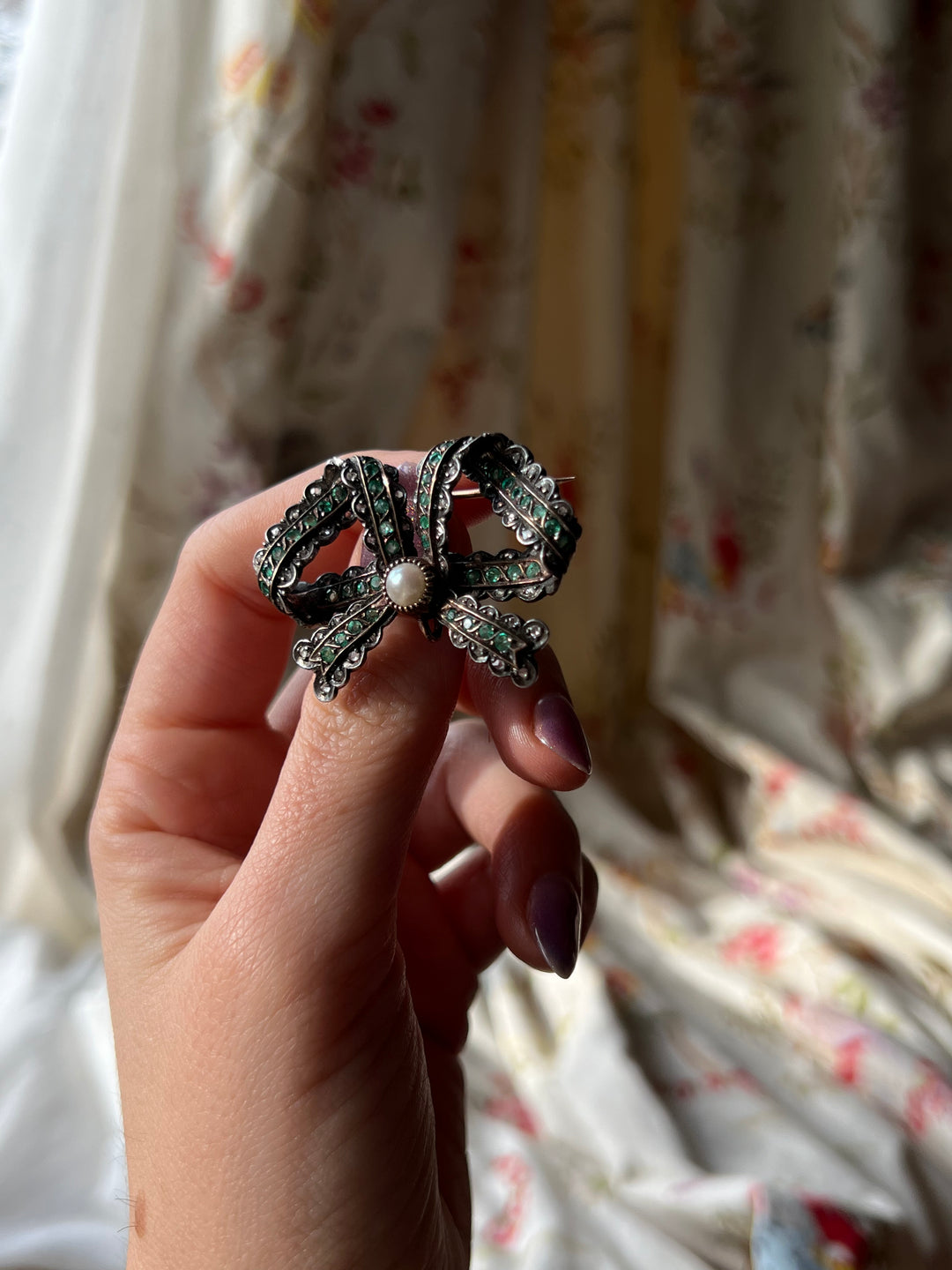 Outstanding Emerald Diamond Bow Pendant c 1855