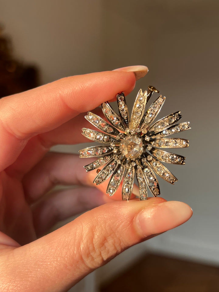 Outstanding French Diamond Flower Brooch in 18ct Silver-Topped