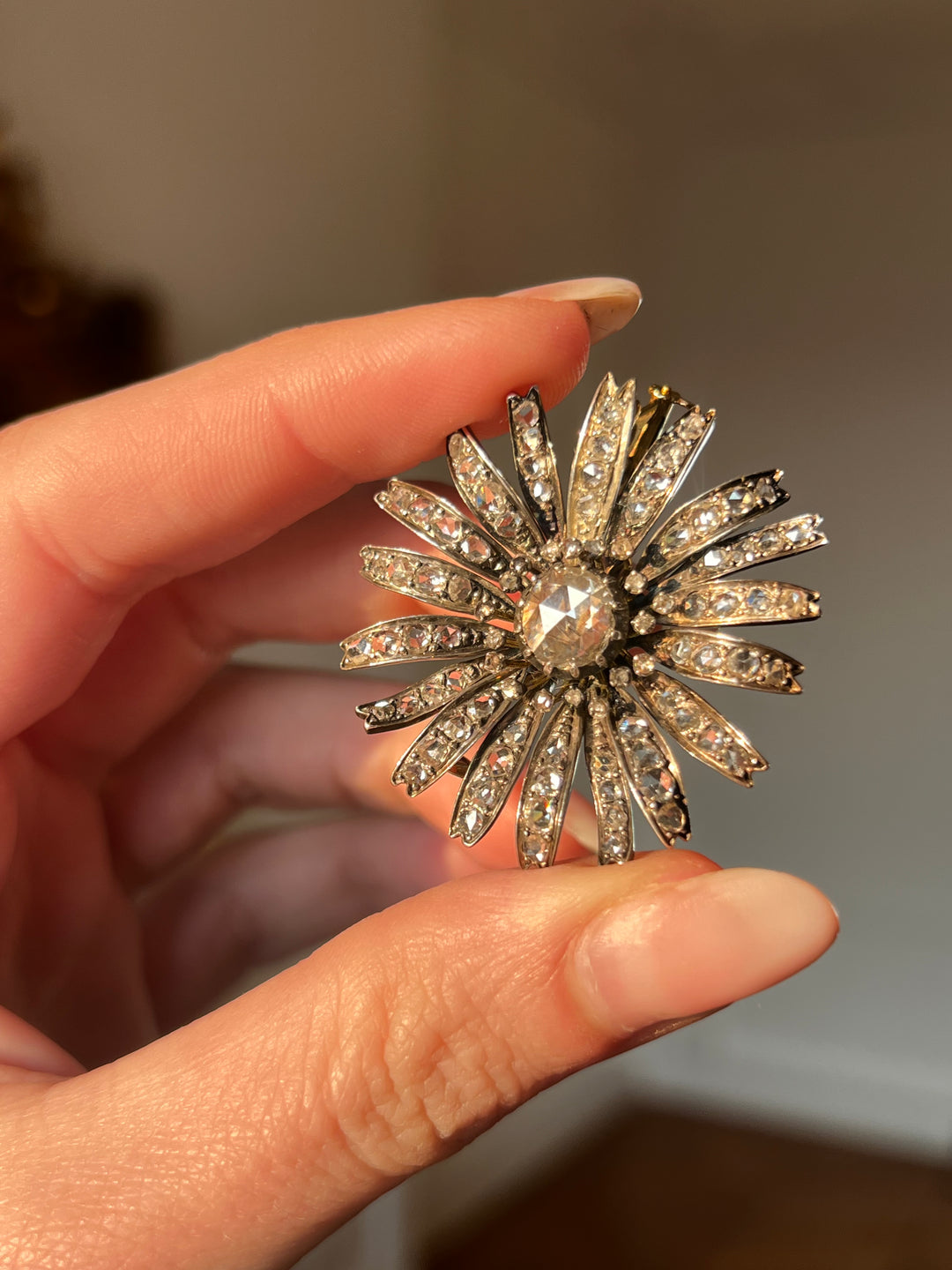 Outstanding French Diamond Flower Brooch in 18ct Silver-Topped