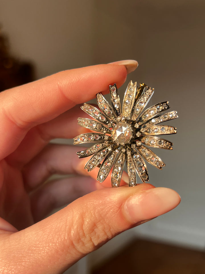 Outstanding French Diamond Flower Brooch in 18ct Silver-Topped