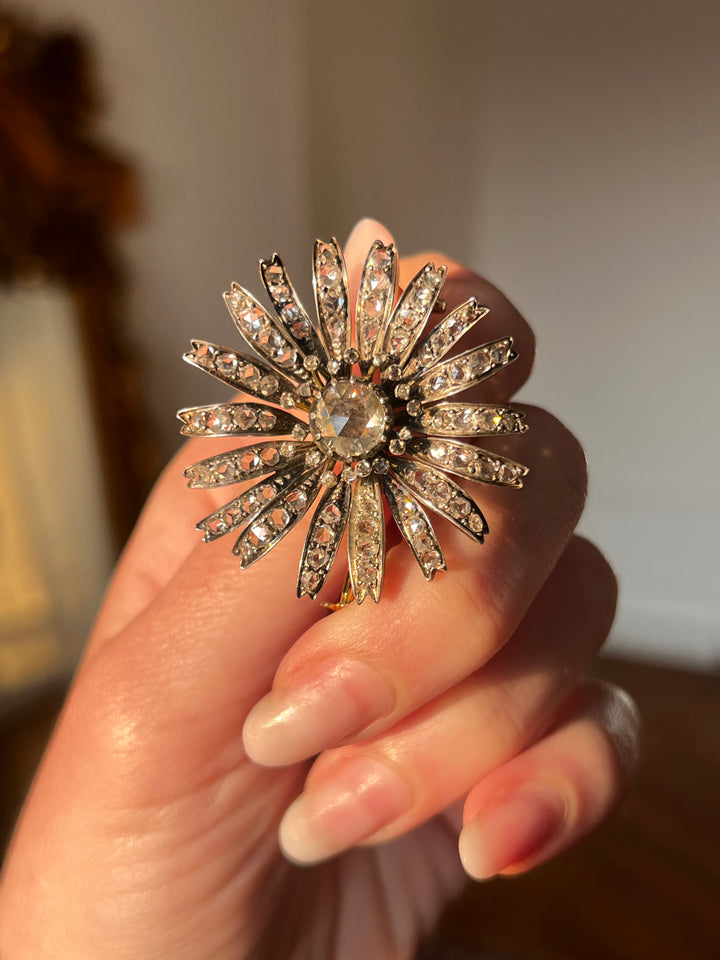 Outstanding French Diamond Flower Brooch in 18ct Silver-Topped