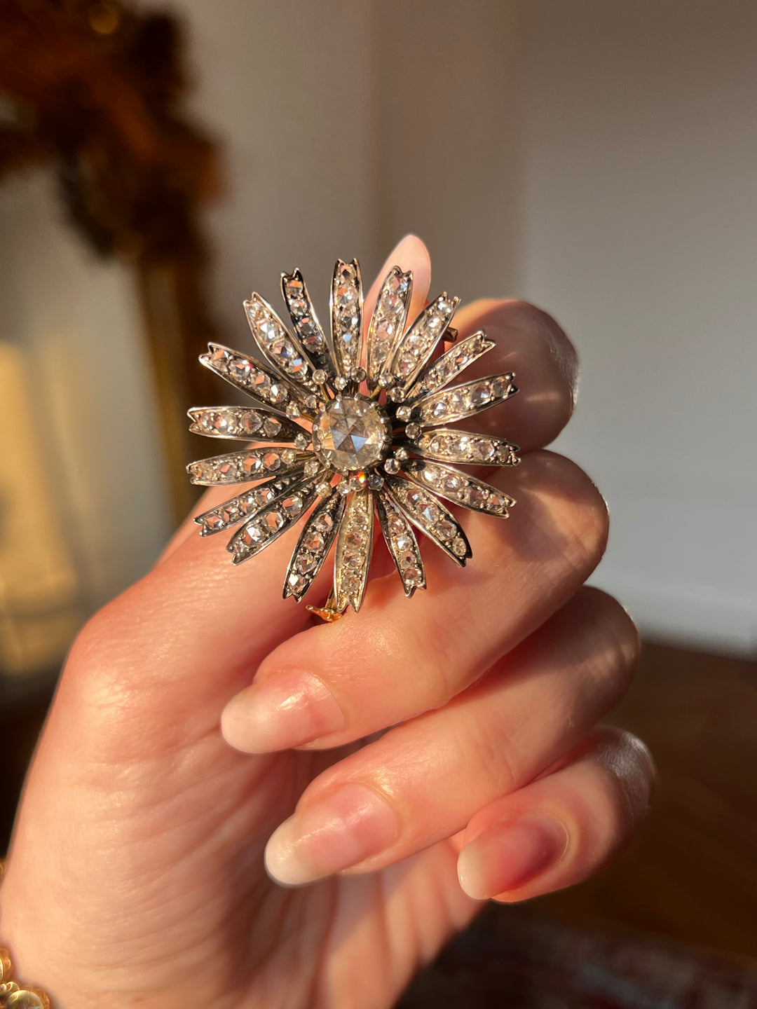 Outstanding French Diamond Flower Brooch in 18ct Silver-Topped