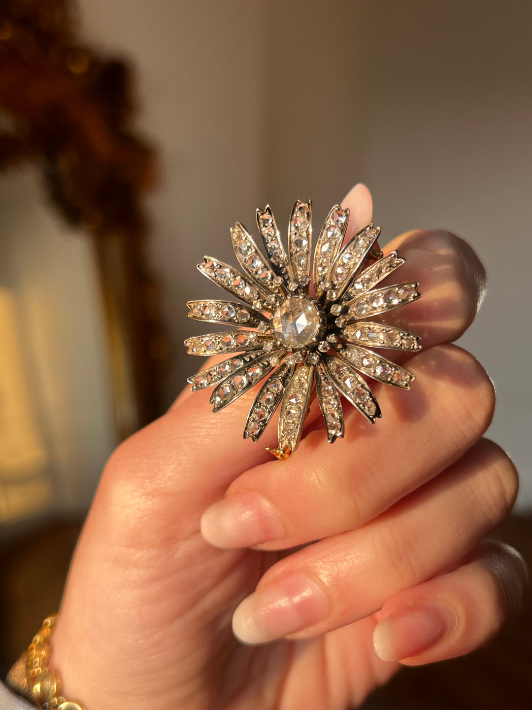 Outstanding French Diamond Flower Brooch in 18ct Silver-Topped