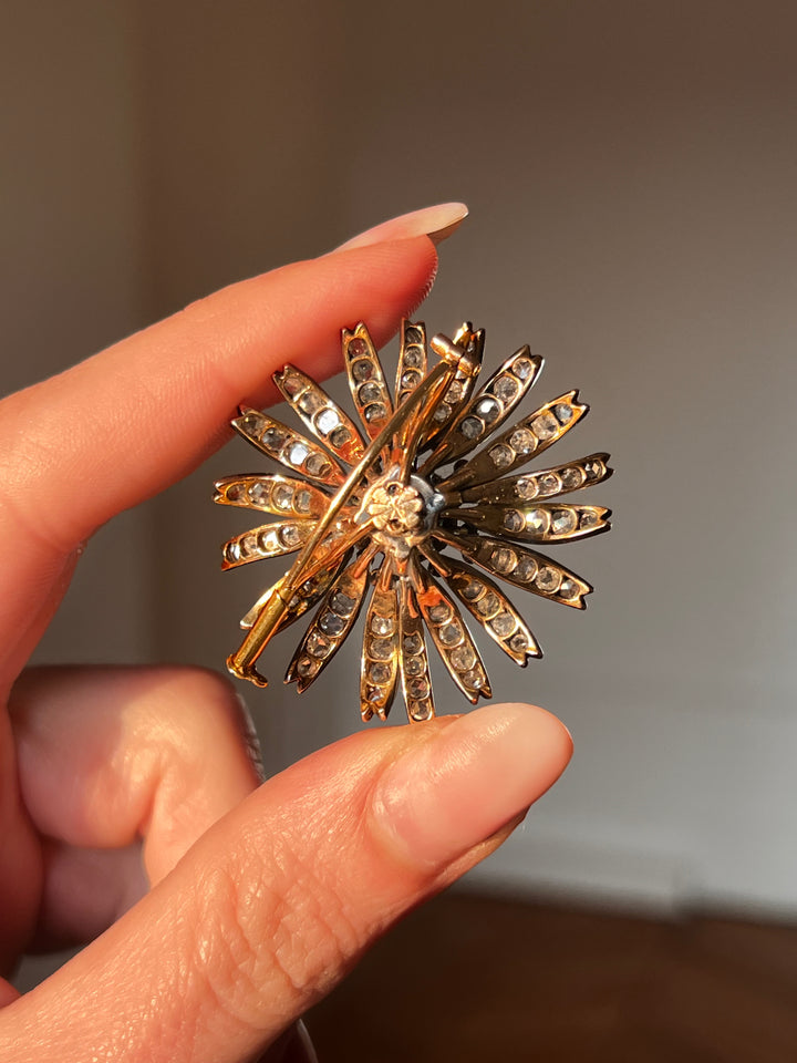 Outstanding French Diamond Flower Brooch in 18ct Silver-Topped