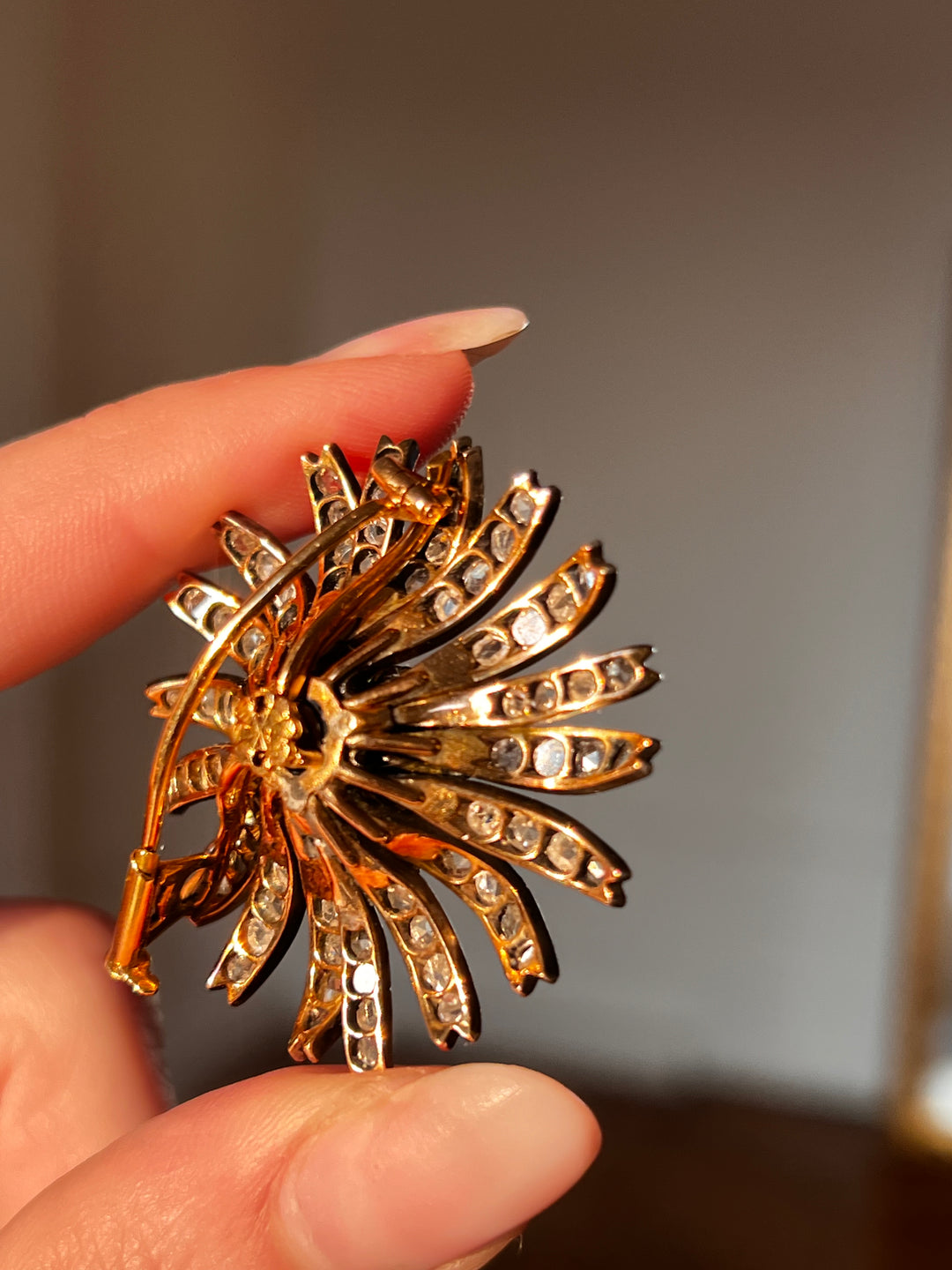 Outstanding French Diamond Flower Brooch in 18ct Silver-Topped