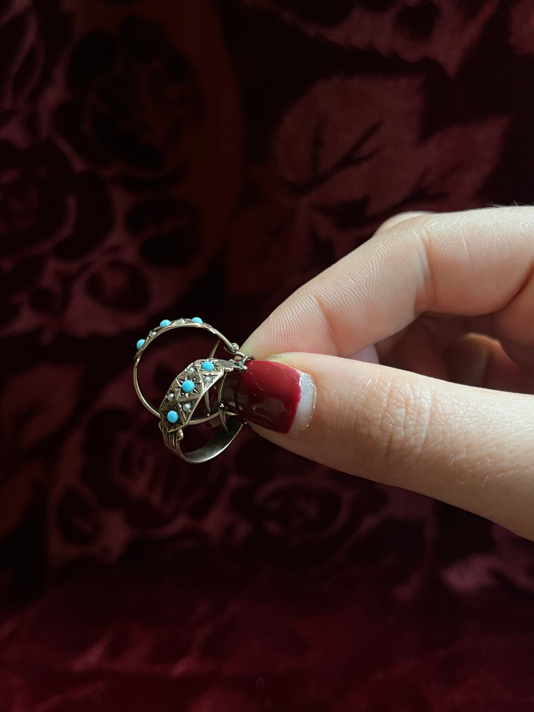 19th Century 14ct Pink Gold Turquoise and Pearl Hoops