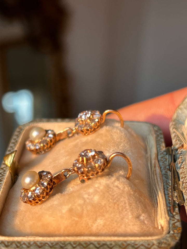 Exceptional Natural Pearl & Diamond Double Daisy Earrings in 18ct