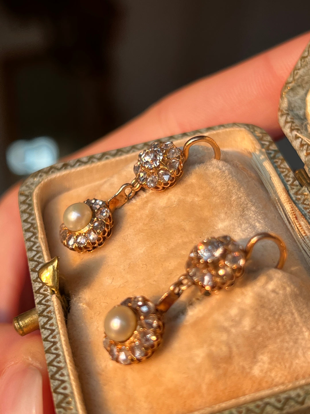 Exceptional Natural Pearl & Diamond Double Daisy Earrings in 18ct