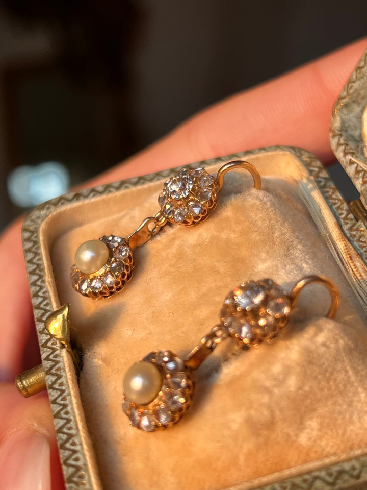 Exceptional Natural Pearl & Diamond Double Daisy Earrings in 18ct