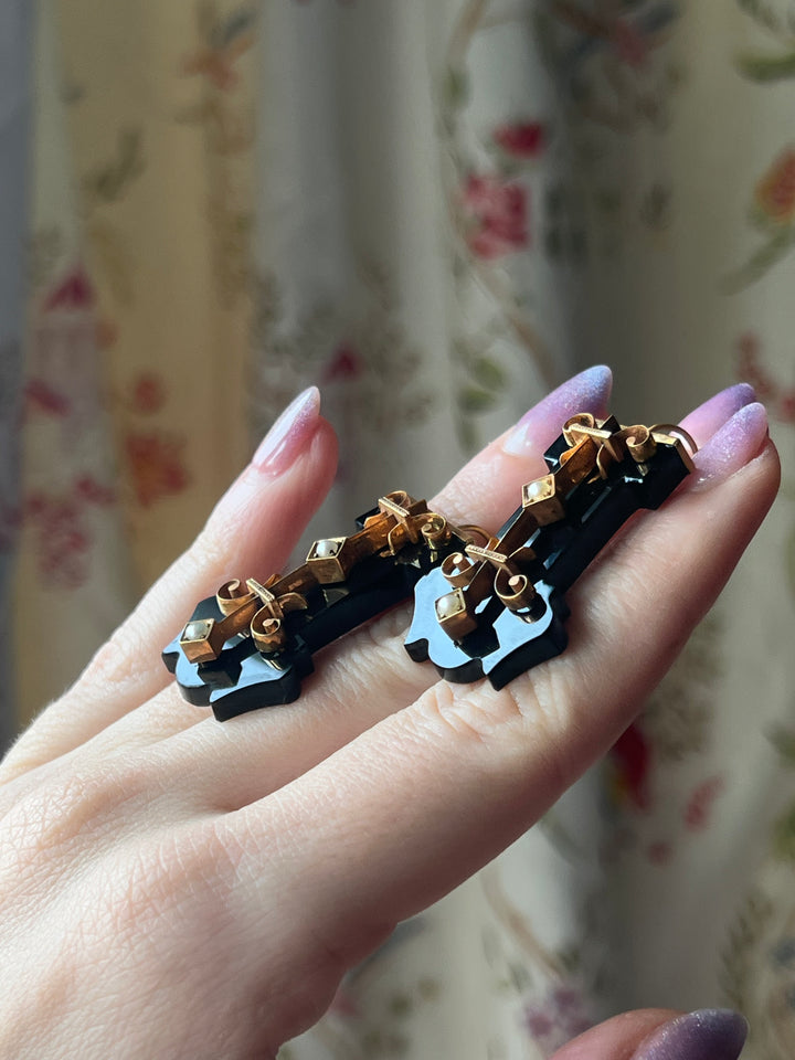 Outstanding Onyx / Black Chalcedony Earrings 1860's