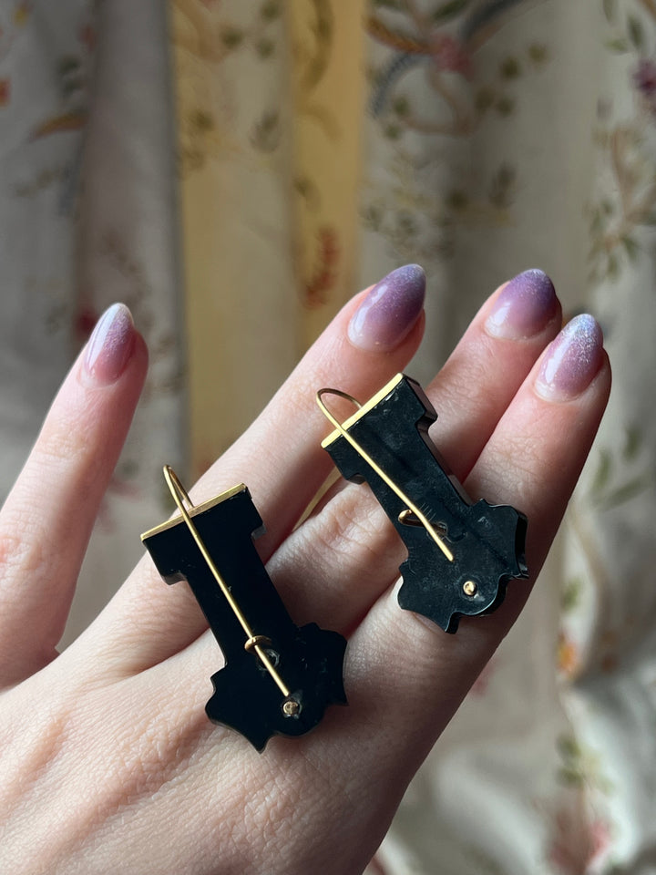 Outstanding Onyx / Black Chalcedony Earrings 1860's