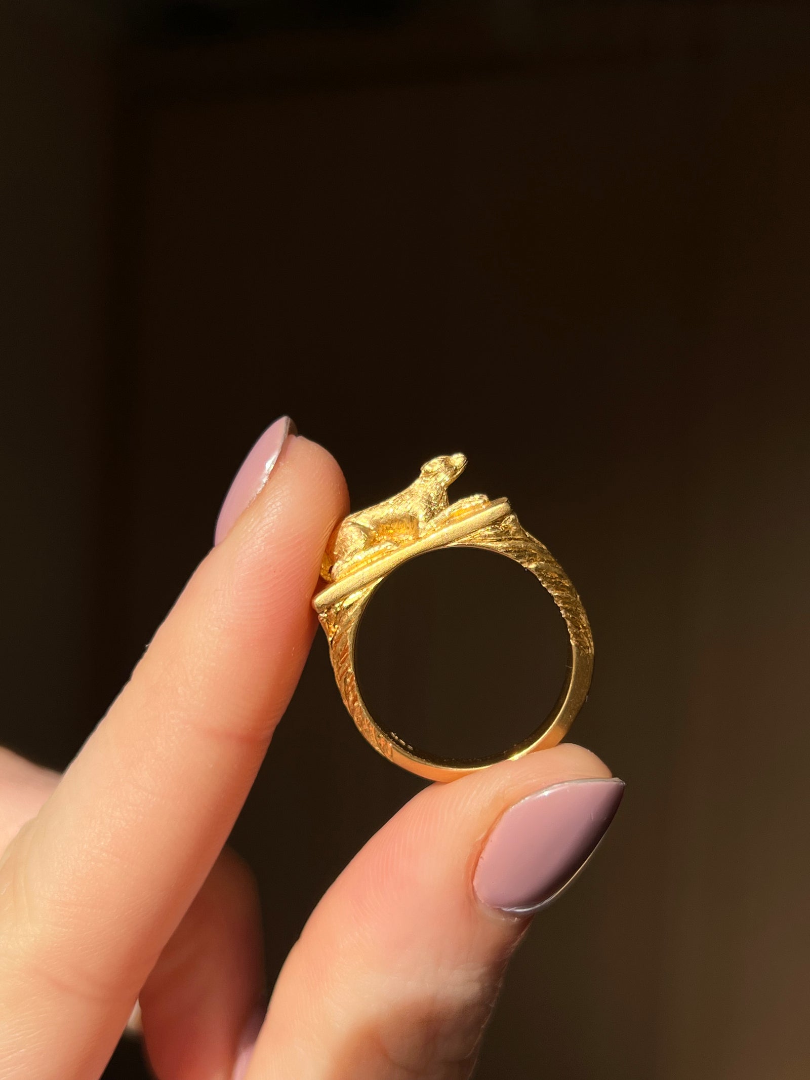 18ct Curio Original ‘The Celebrated Puppy’ Ring featuring a finely crafted gold puppy motif, collectible animal-inspired design