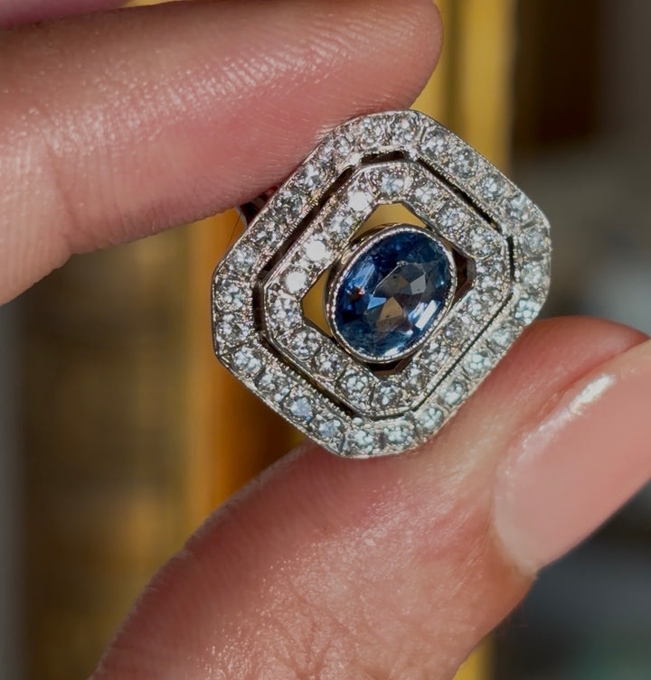 Rare 1930’s Post Deco Diamond and Sapphire Ring