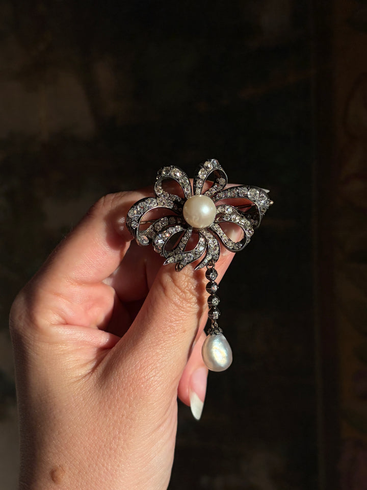 Splendid Napoleon III Period Natural Pearl Drop Brooch 6.11ctw Diamonds GIA Certified