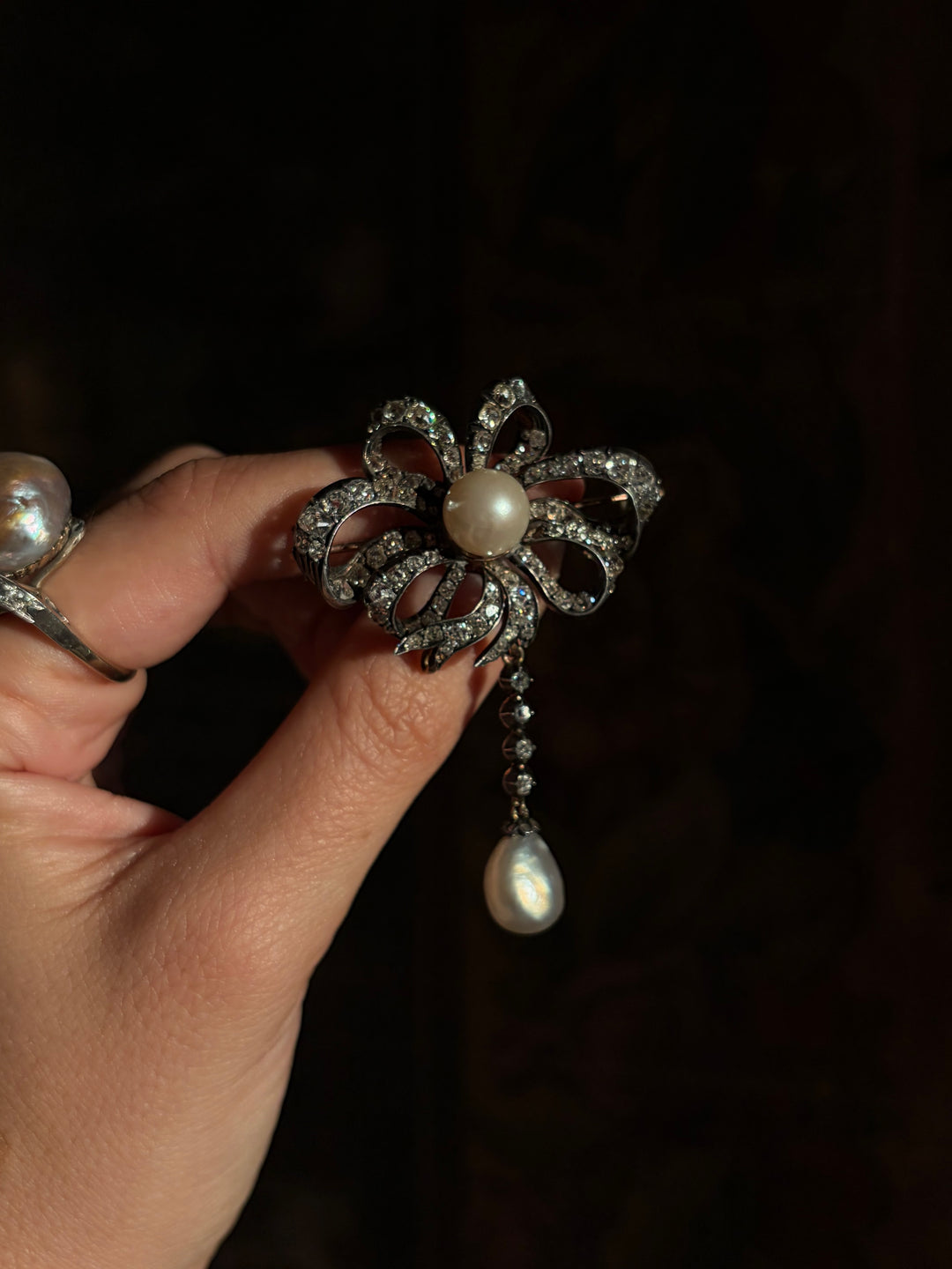 Splendid Napoleon III Period Natural Pearl Drop Brooch 6.11ctw Diamonds GIA Certified
