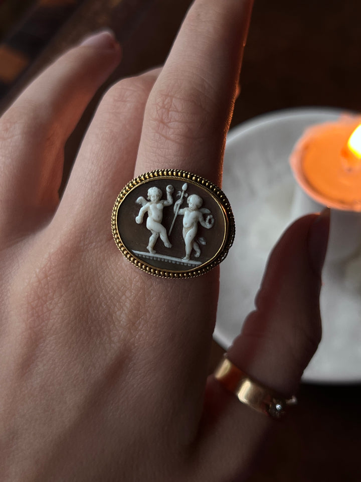 Superb Victorian Locket Cameo Ring of Cupid + Anteros