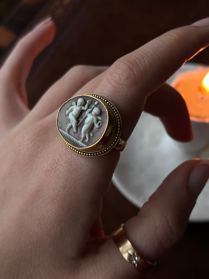Superb Victorian Locket Cameo Ring of Cupid + Anteros
