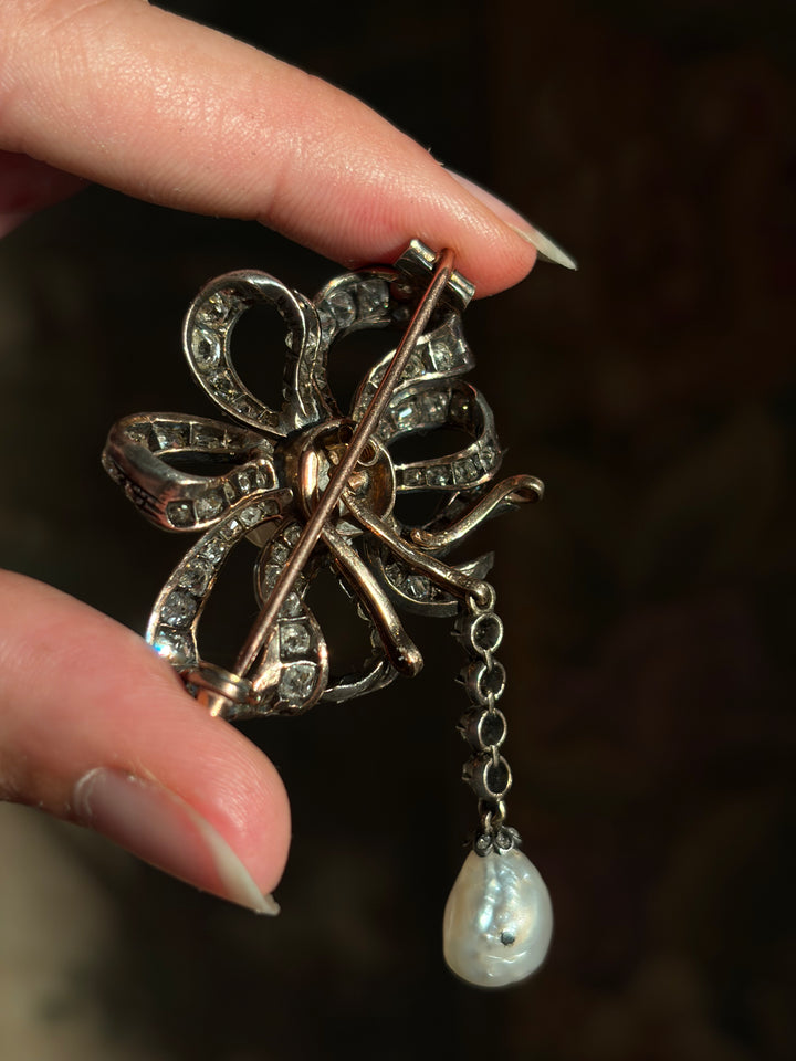 Splendid Napoleon III Period Natural Pearl Drop Brooch 6.11ctw Diamonds GIA Certified