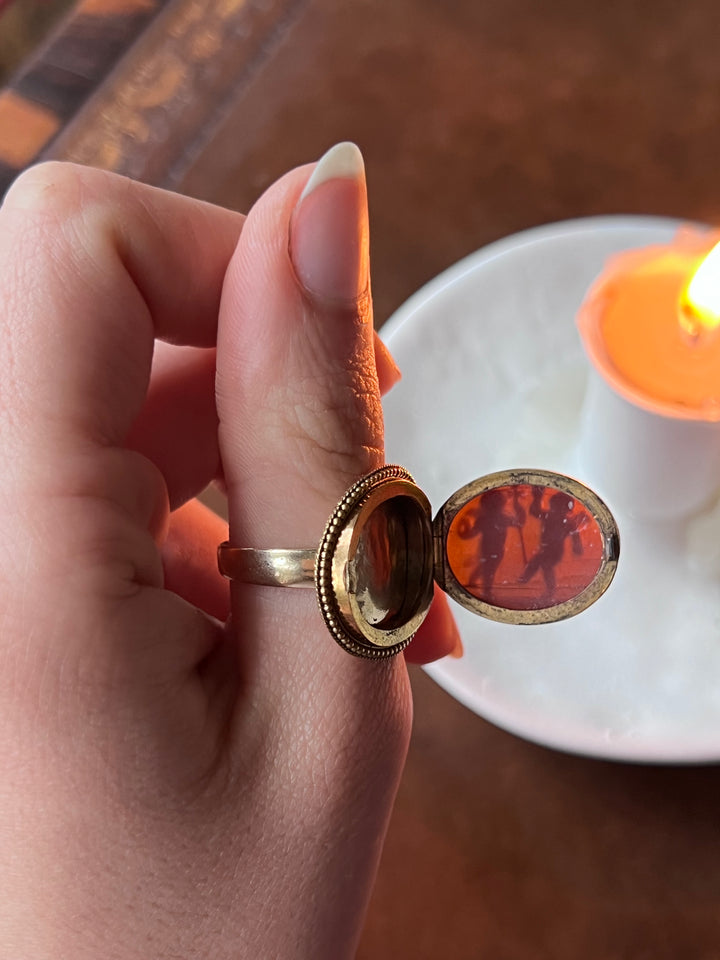 Superb Victorian Locket Cameo Ring of Cupid + Anteros