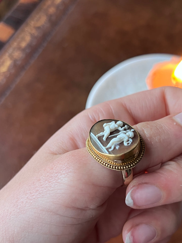 Superb Victorian Locket Cameo Ring of Cupid + Anteros
