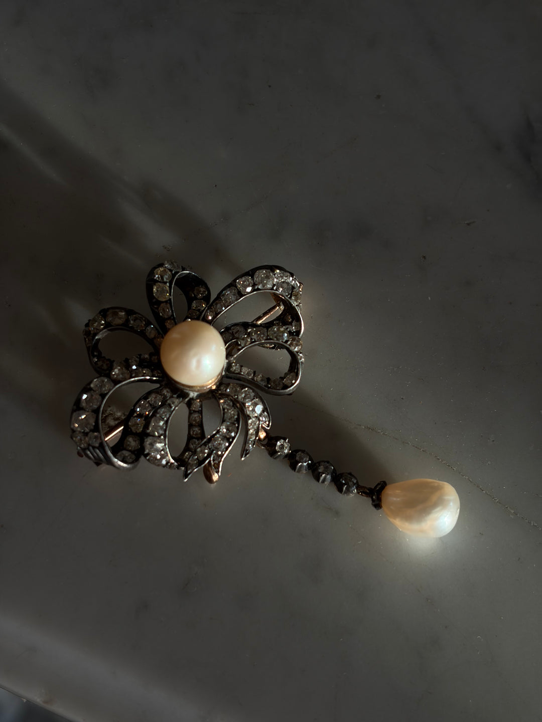Splendid Napoleon III Period Natural Pearl Drop Brooch 6.11ctw Diamonds GIA Certified