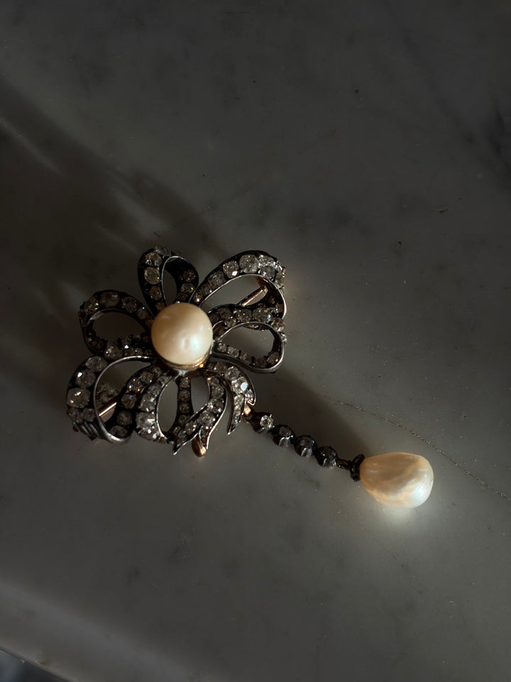 Splendid Napoleon III Period Natural Pearl Drop Brooch 6.11ctw Diamonds GIA Certified