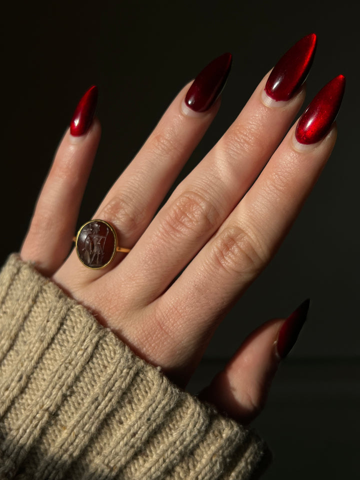 Superb 2nd Century CE Dark Carnelian Intaglio of Soldier Preparing for Battle in 18ct Ring