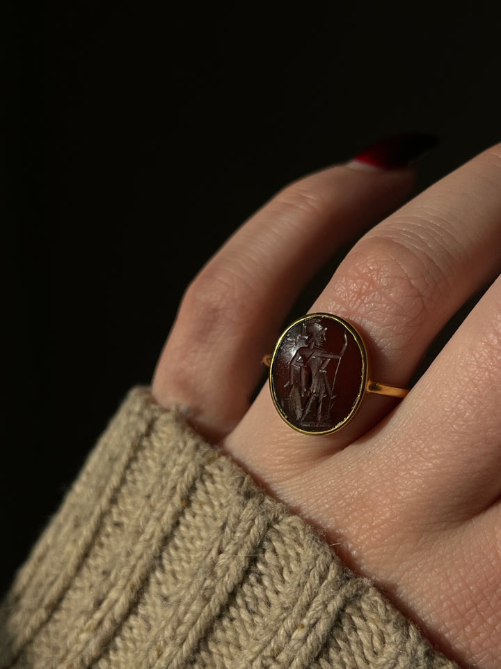 Superb 2nd Century CE Dark Carnelian Intaglio of Soldier Preparing for Battle in 18ct Ring