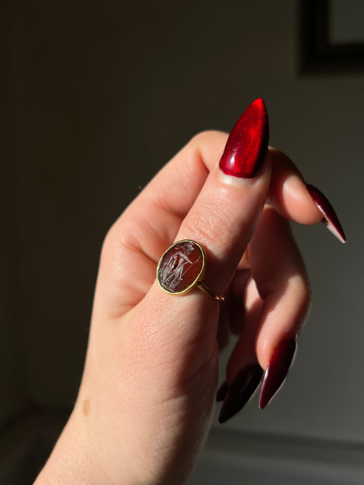Superb 2nd Century CE Dark Carnelian Intaglio of Soldier Preparing for Battle in 18ct Ring