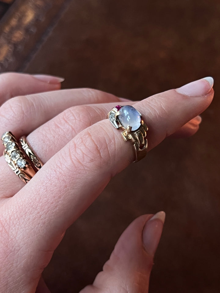 14ct Retro Star Sapphire, Diamond, And Ruby Buckle Ring