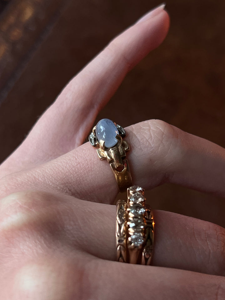 14ct Retro Star Sapphire, Diamond, And Ruby Buckle Ring