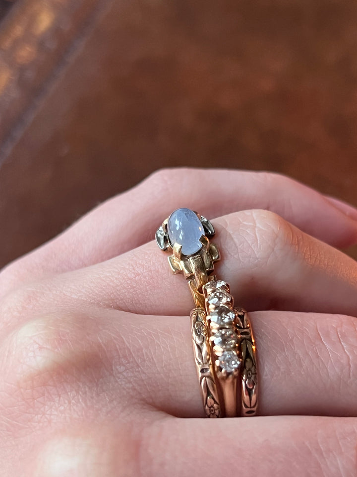 14ct Retro Star Sapphire, Diamond, And Ruby Buckle Ring