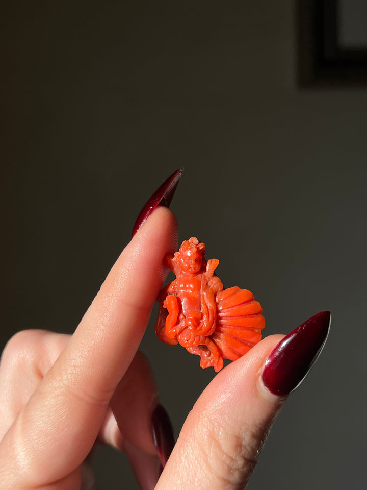 Superb Putto Riding a Dolphin Carved Coral Antique Brooch c. 1870