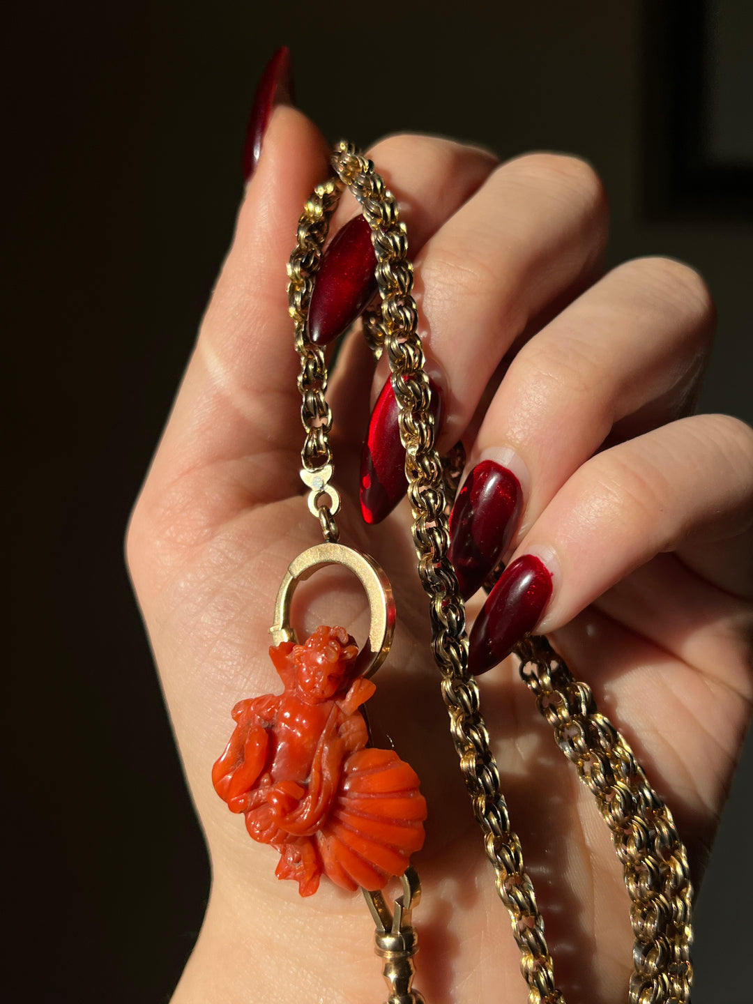 Superb Putto Riding a Dolphin Carved Coral Antique Brooch c. 1870