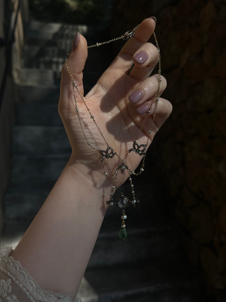 Early 20th C French Renaissance Revival Necklace in Sapphire, Emerald, Diamond, and Pearl with Bow Motifs