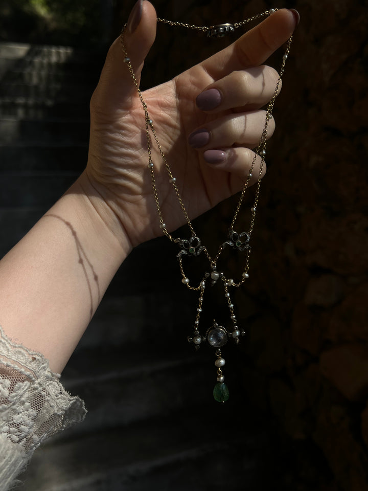 Early 20th C French Renaissance Revival Necklace in Sapphire, Emerald, Diamond, and Pearl with Bow Motifs
