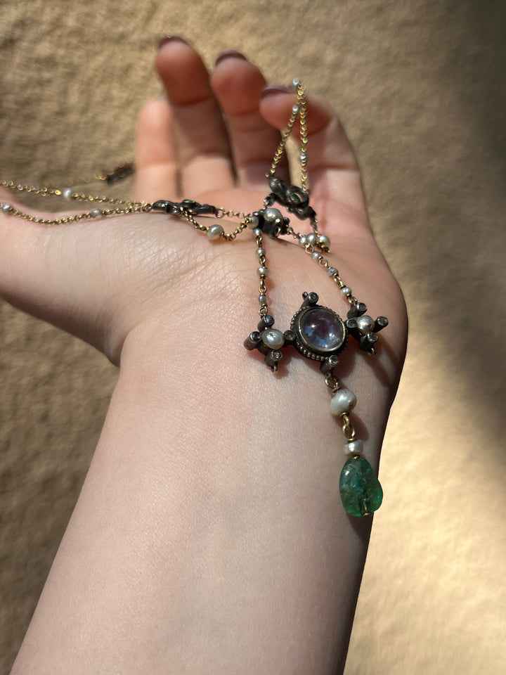 Early 20th C French Renaissance Revival Necklace in Sapphire, Emerald, Diamond, and Pearl with Bow Motifs