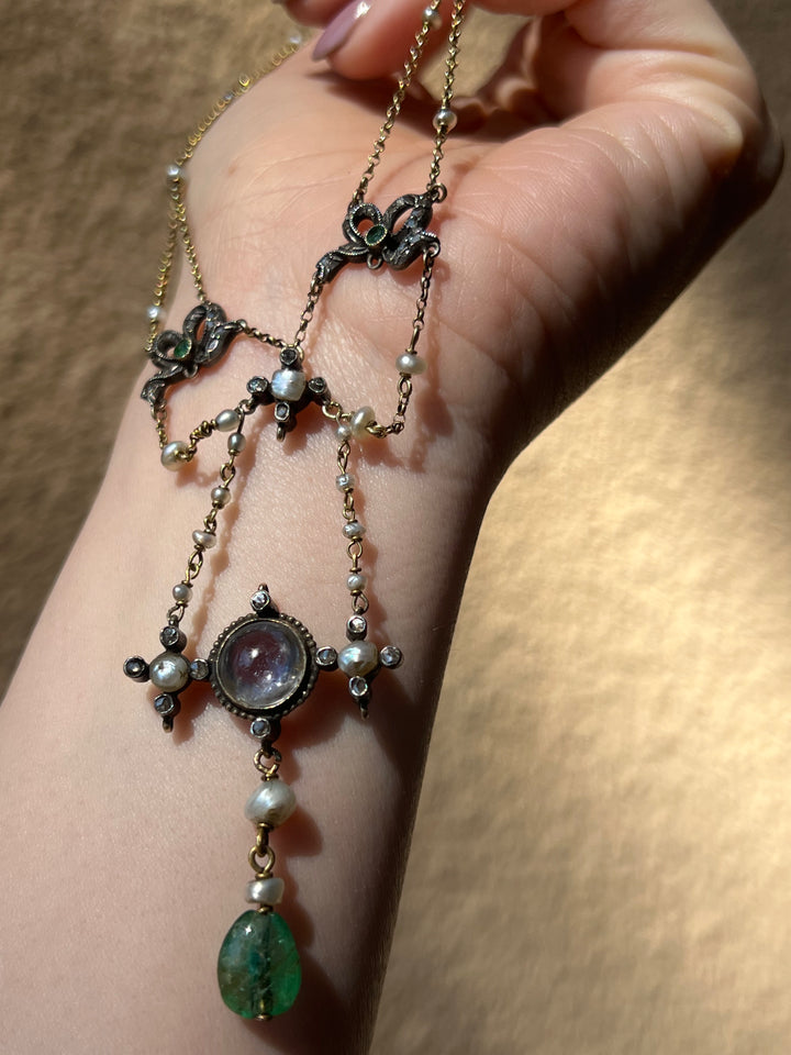 Early 20th C French Renaissance Revival Necklace in Sapphire, Emerald, Diamond, and Pearl with Bow Motifs