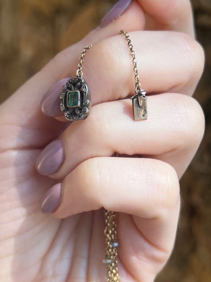 Early 20th C French Renaissance Revival Necklace in Sapphire, Emerald, Diamond, and Pearl with Bow Motifs