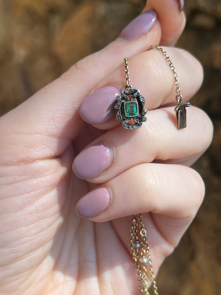Early 20th C French Renaissance Revival Necklace in Sapphire, Emerald, Diamond, and Pearl with Bow Motifs