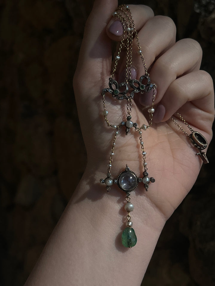 Early 20th C French Renaissance Revival Necklace in Sapphire, Emerald, Diamond, and Pearl with Bow Motifs