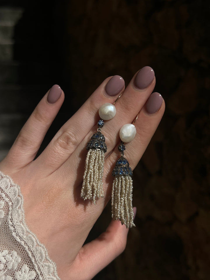 Outstanding 19th Century Pearl Tassel Earrings in 14ct with Sapphires